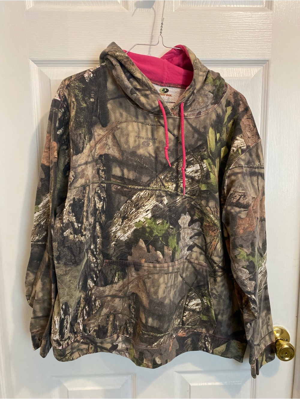 Mossy Oak Camo Hoodie with Bright Pink Hood Lining and Drawstrings